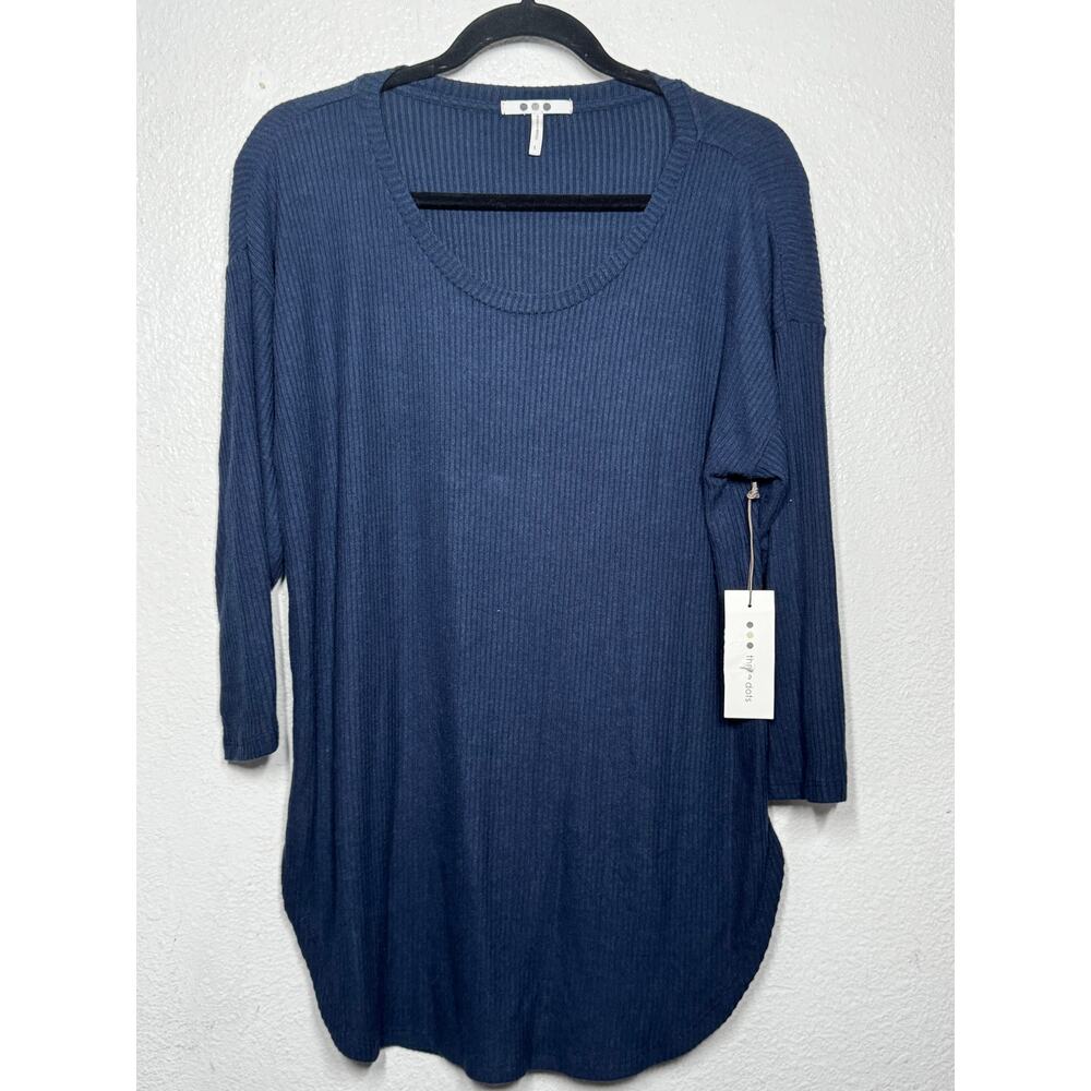 New Three Dots Top Navy Blue Scoop Neck Ribbed Knit Pullover 3/4 Sleeve Sz L